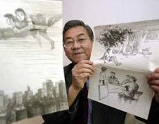 Sun Shili mostra i suoi disegni raffiguranti esseri extraterrestri di aspetto umano